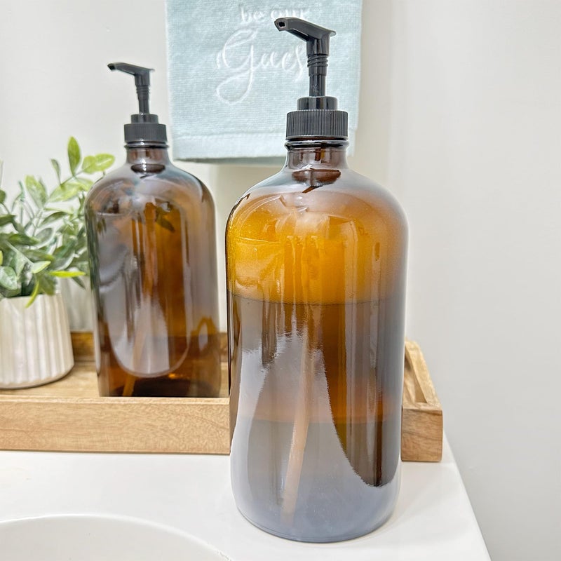 Cornucopia Brands 32-Ounce Amber Glass Lotion Pump Bottles (2-Pack); Quart Size Brown Bottles w/Black Plastic Locking Pump Dispensers; Includes Chalk Labels - Image 2
